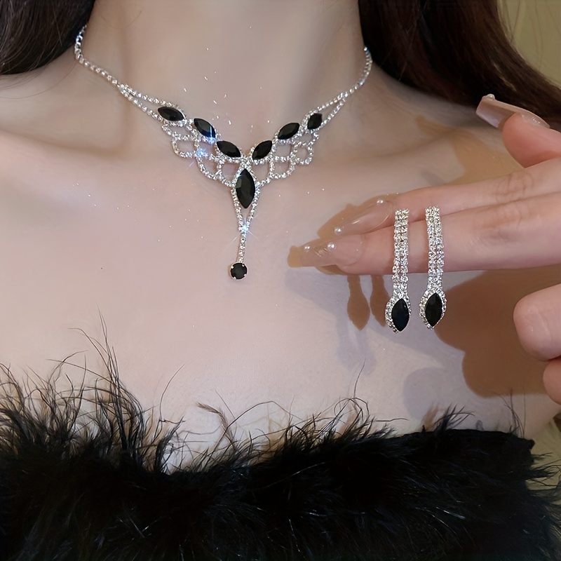 V-Shaped Tassel Earrings & Necklace Set with Rhinestone Accents